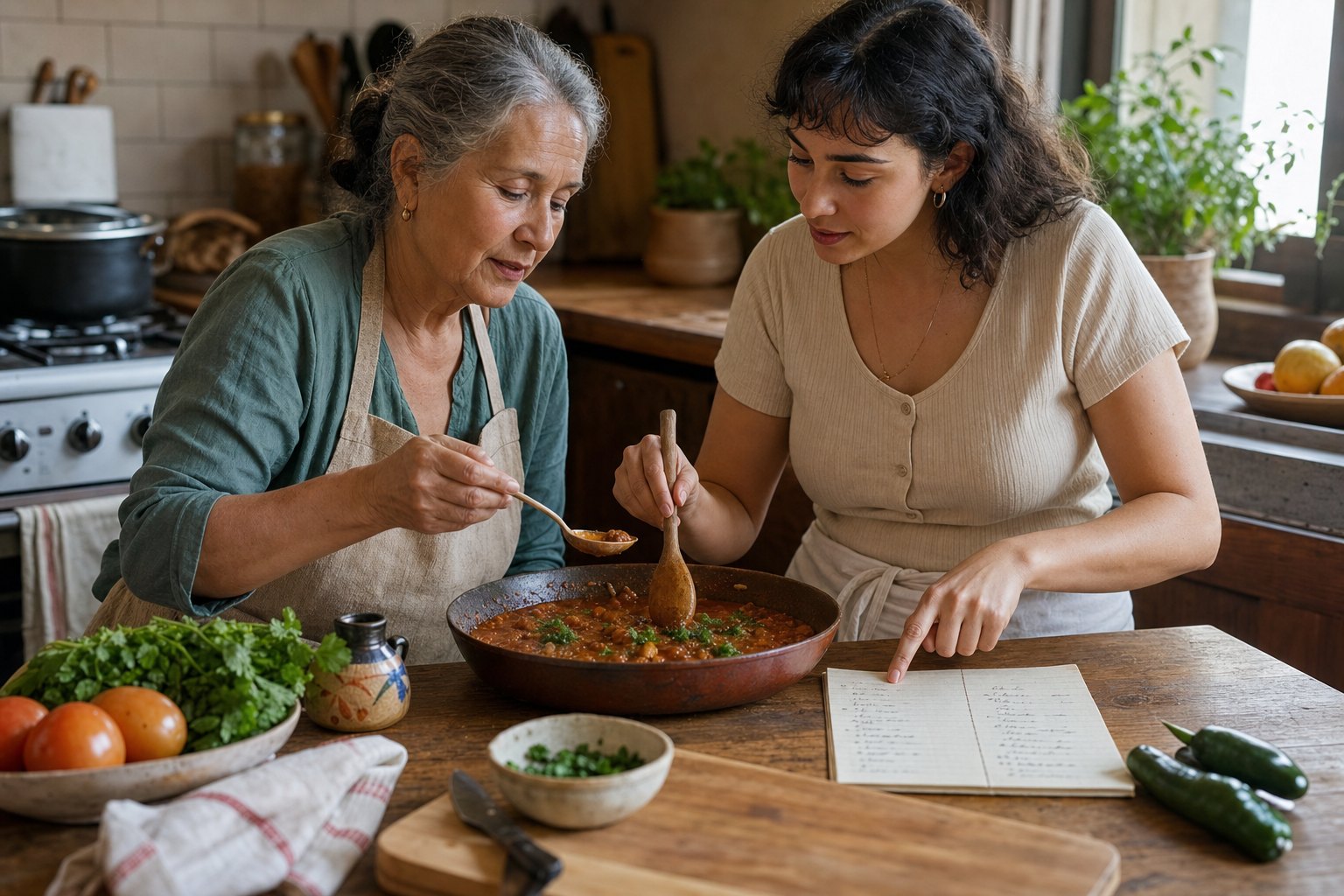 An older and younger cook preparing one dish together while consulting a bilingual handwritten recipe at a family kitchen table