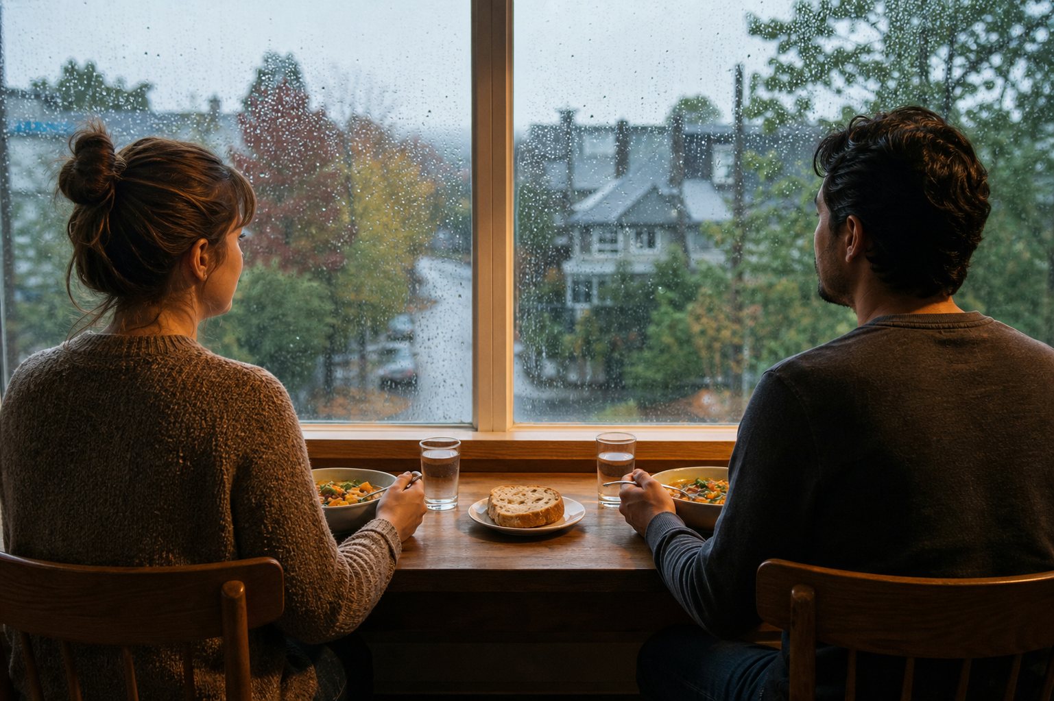 Two friends eat quietly side by side at a home window while watching rain fall over the neighbourhood