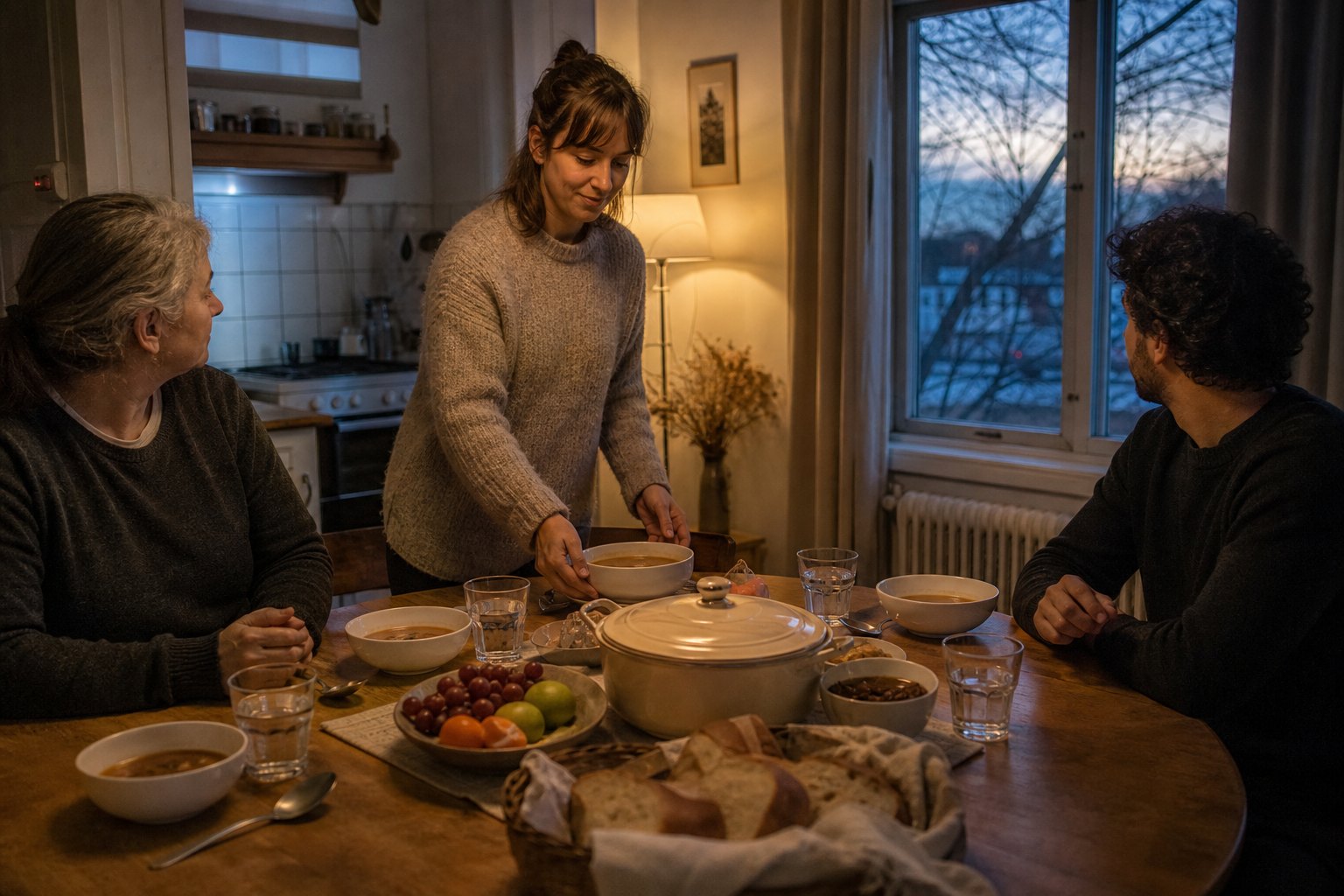 Three adults waiting beside untouched soup, bread, fruit and water at a modest dining table as daylight fades
