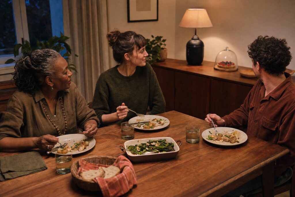 Three diners continue a savoury meal while an untouched fruit tart waits beneath a glass dome on a sideboard