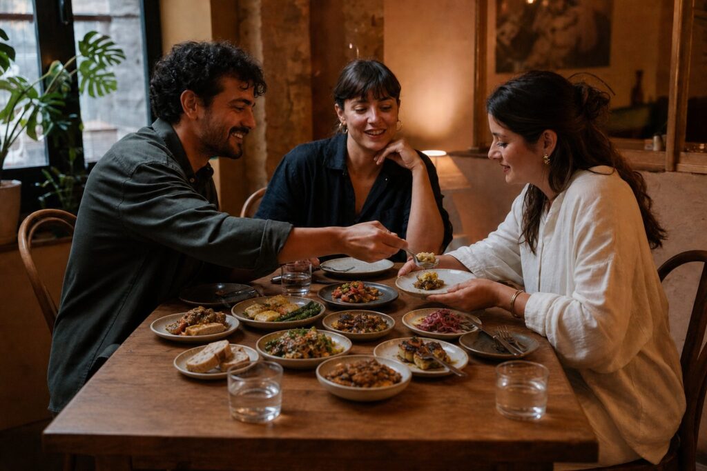 Three friends share a crowded spread of varied small plates during a long evening meal in a neighbourhood restaurant