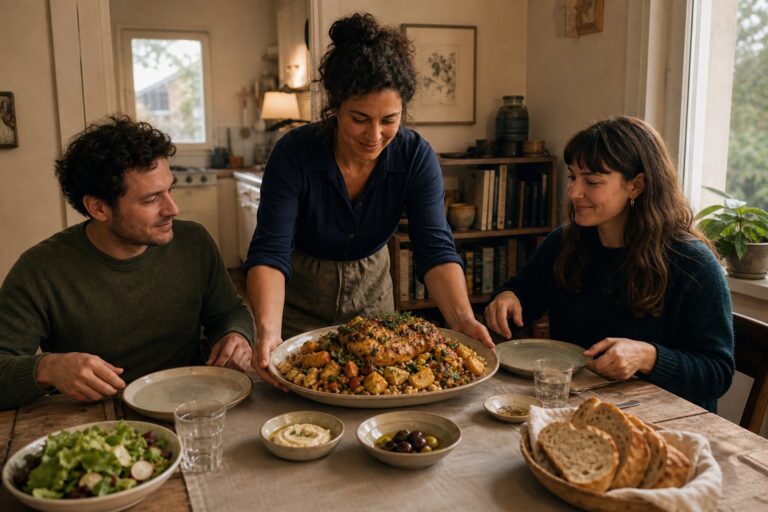A host placing a generous special savoury platter before two guests at a modest home dining table