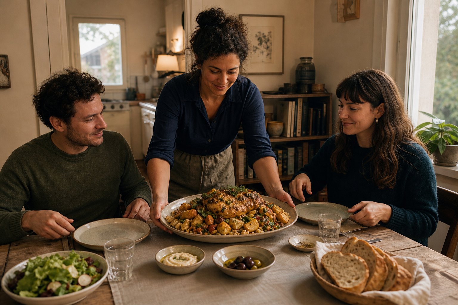 A host placing a generous special savoury platter before two guests at a modest home dining table