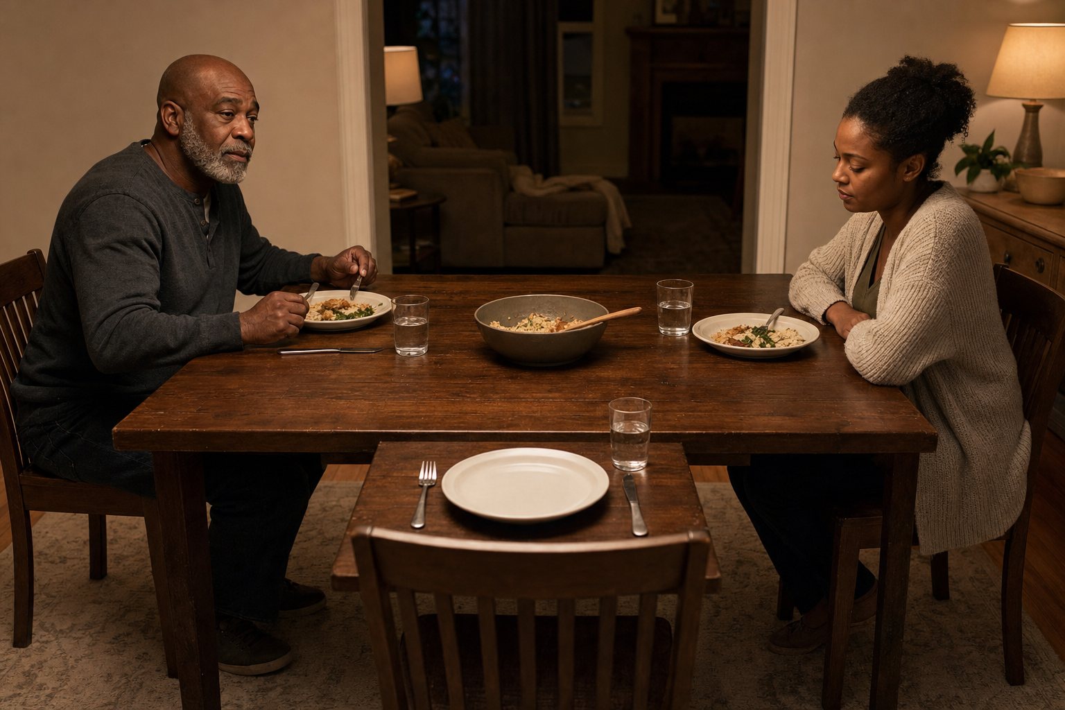 A father and adult daughter eat at a home table with one untouched place setting before an empty chair