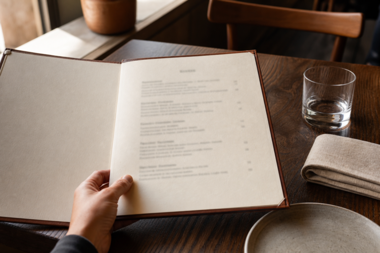 A diner holding open a restaurant menu on a simply set table