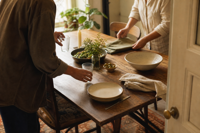 An early guest helps arrange an unfinished dining table