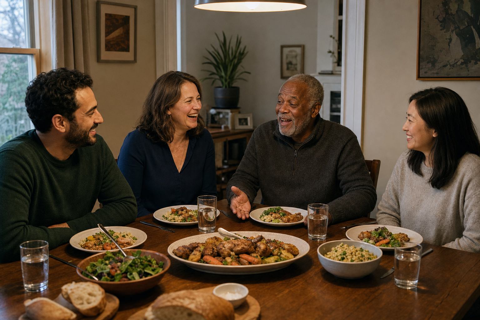 Four friends from different backgrounds laugh over a shared dinner as an older Black man retells a familiar joke