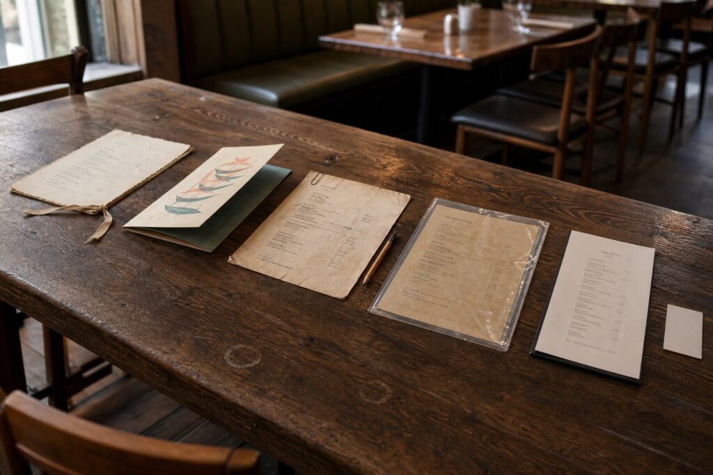 Menus from different decades arranged across a wooden restaurant table, from worn paper cards to a contemporary menu and blank QR card