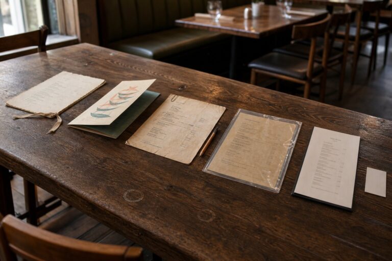 Menus from different decades arranged across a wooden restaurant table, from worn paper cards to a contemporary menu and blank QR card