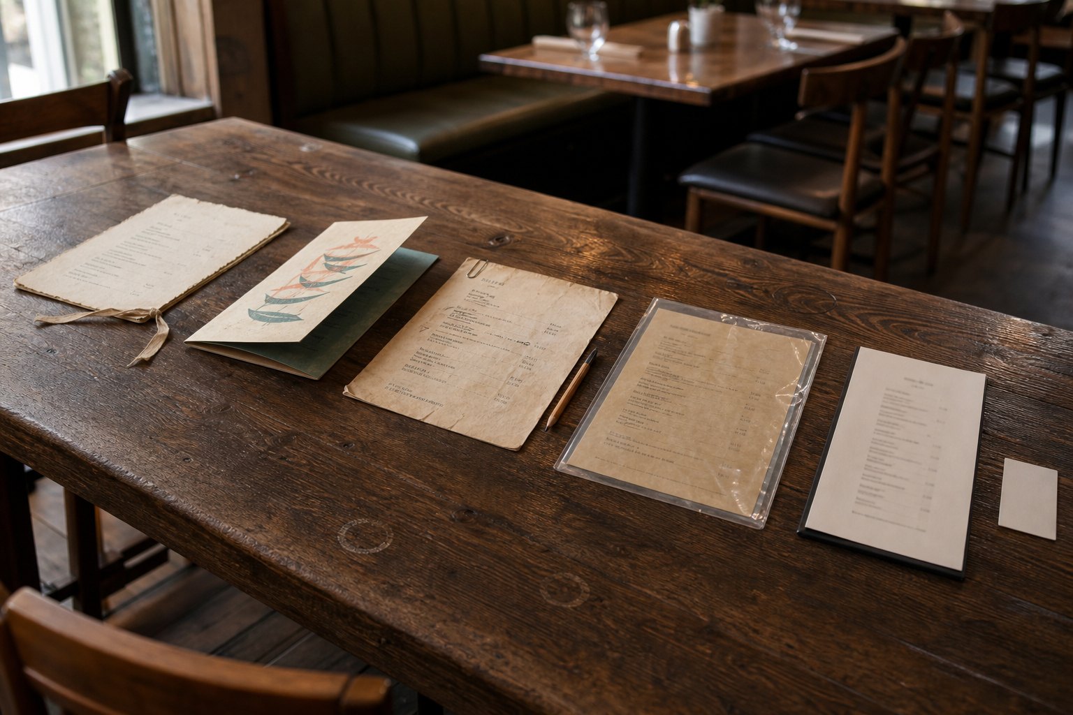 Menus from different decades arranged across a wooden restaurant table, from worn paper cards to a contemporary menu and blank QR card