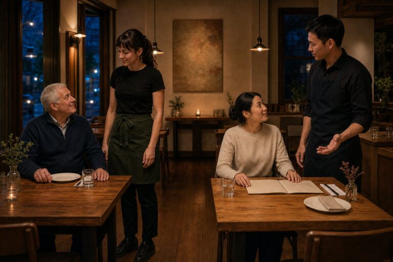 Two solo diners at neighbouring restaurant tables receive equal attention, one through familiar recognition and the other through a first welcome