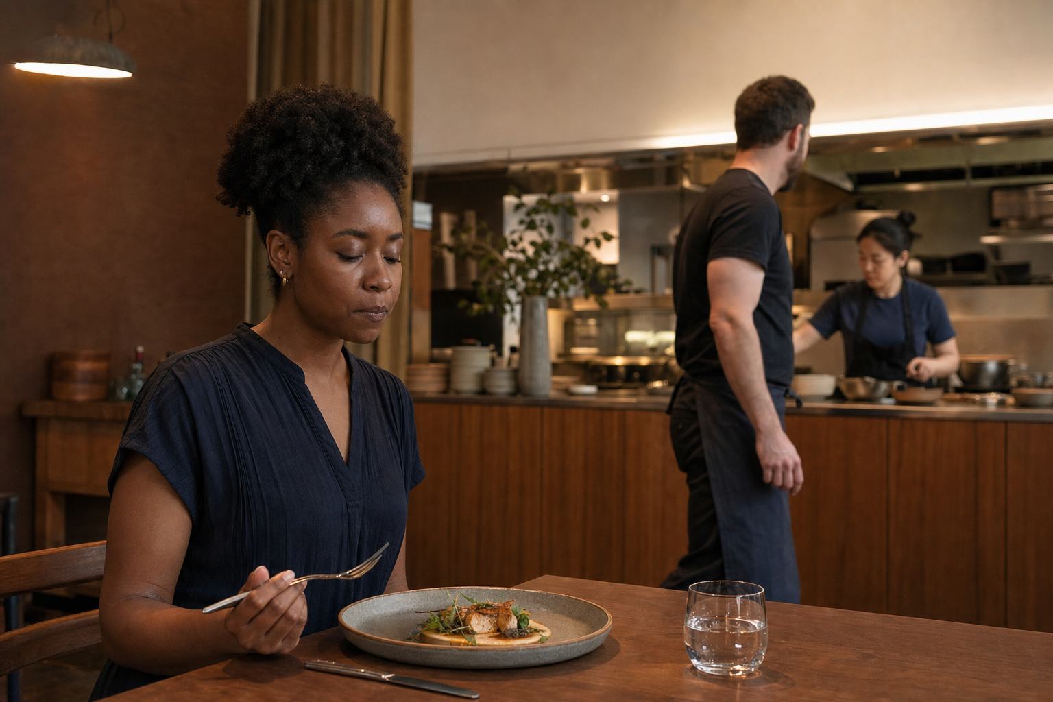 A Black woman pauses after tasting a dish while a server moves away and a chef works at an open restaurant pass