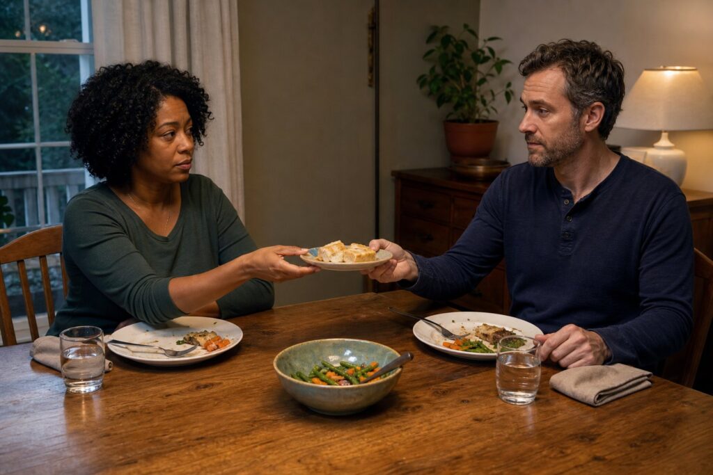 Two adults exchange a bread plate across a home dining table after a difficult conversation
