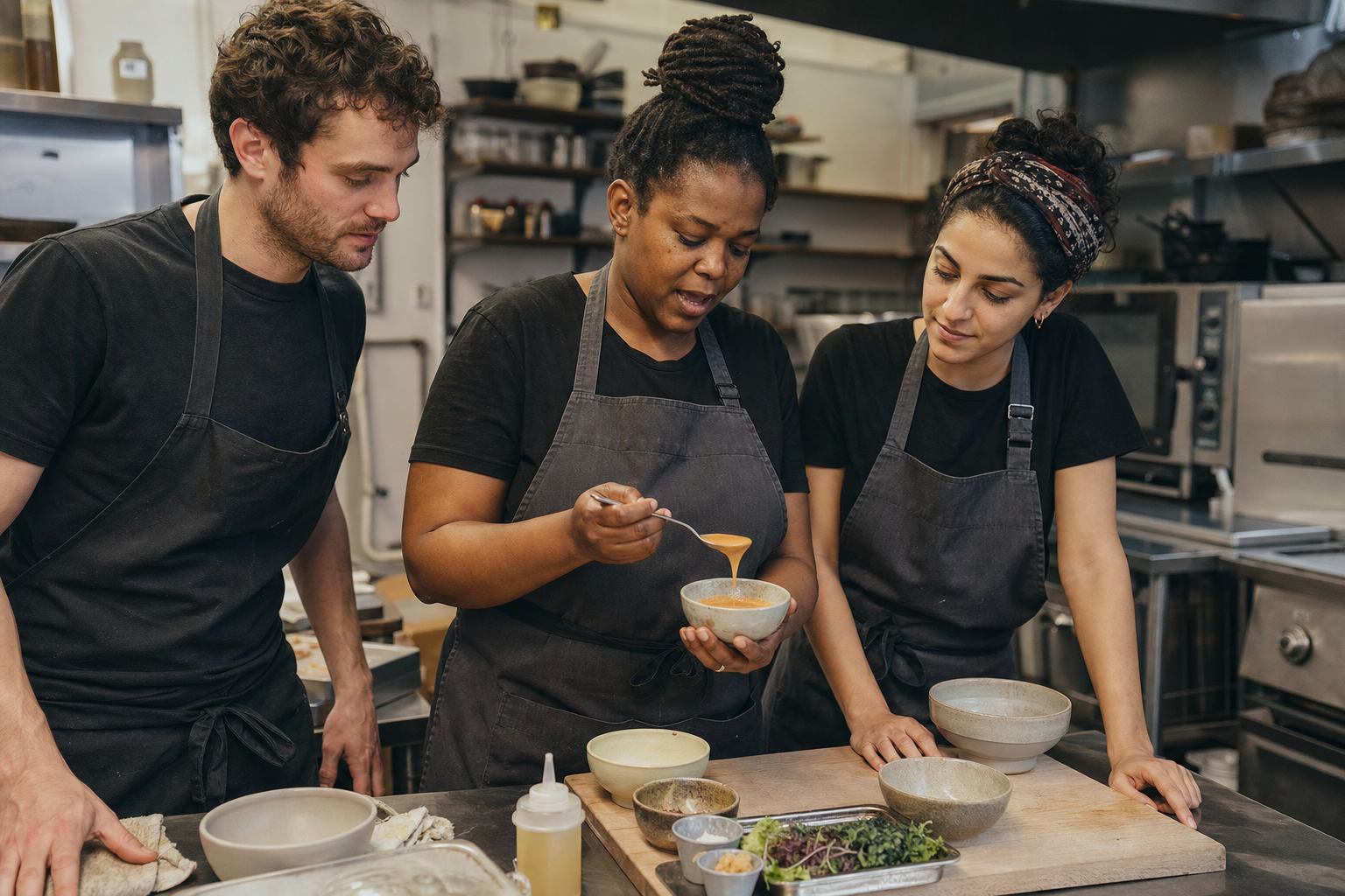 Three restaurant cooks study the texture of a sauce as a Black woman demonstrates the preparation to her colleagues