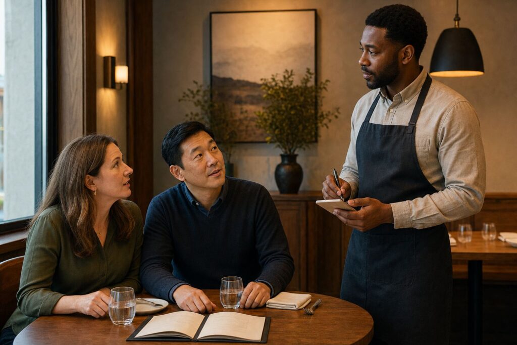 A Black male server listens to a White woman and an East Asian man seated beside an open menu in a warm restaurant