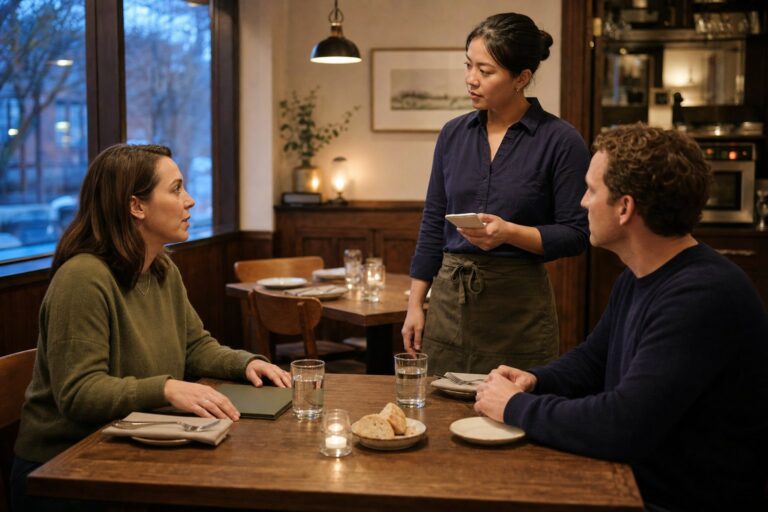 A restaurant server pauses with an order pad to listen attentively to a guest while her companion sits across the table