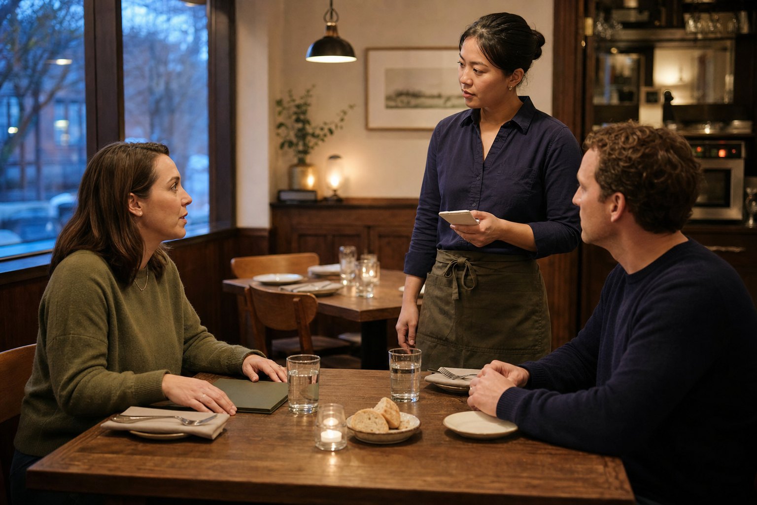 A restaurant server pauses with an order pad to listen attentively to a guest while her companion sits across the table
