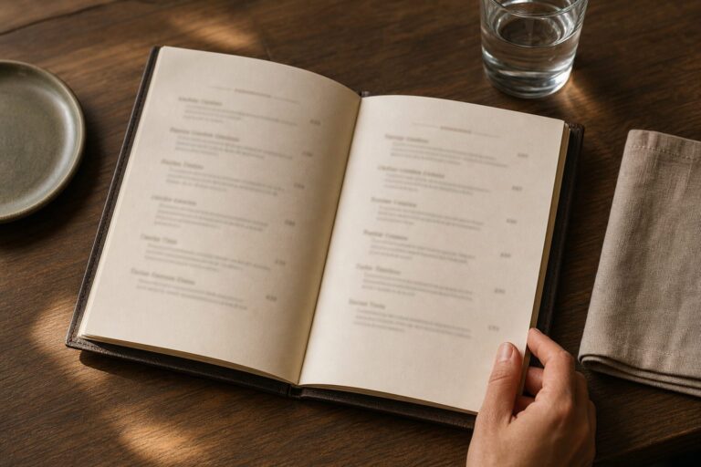 An open cream-paper restaurant menu on a dark wooden table, held at one corner by a diner.