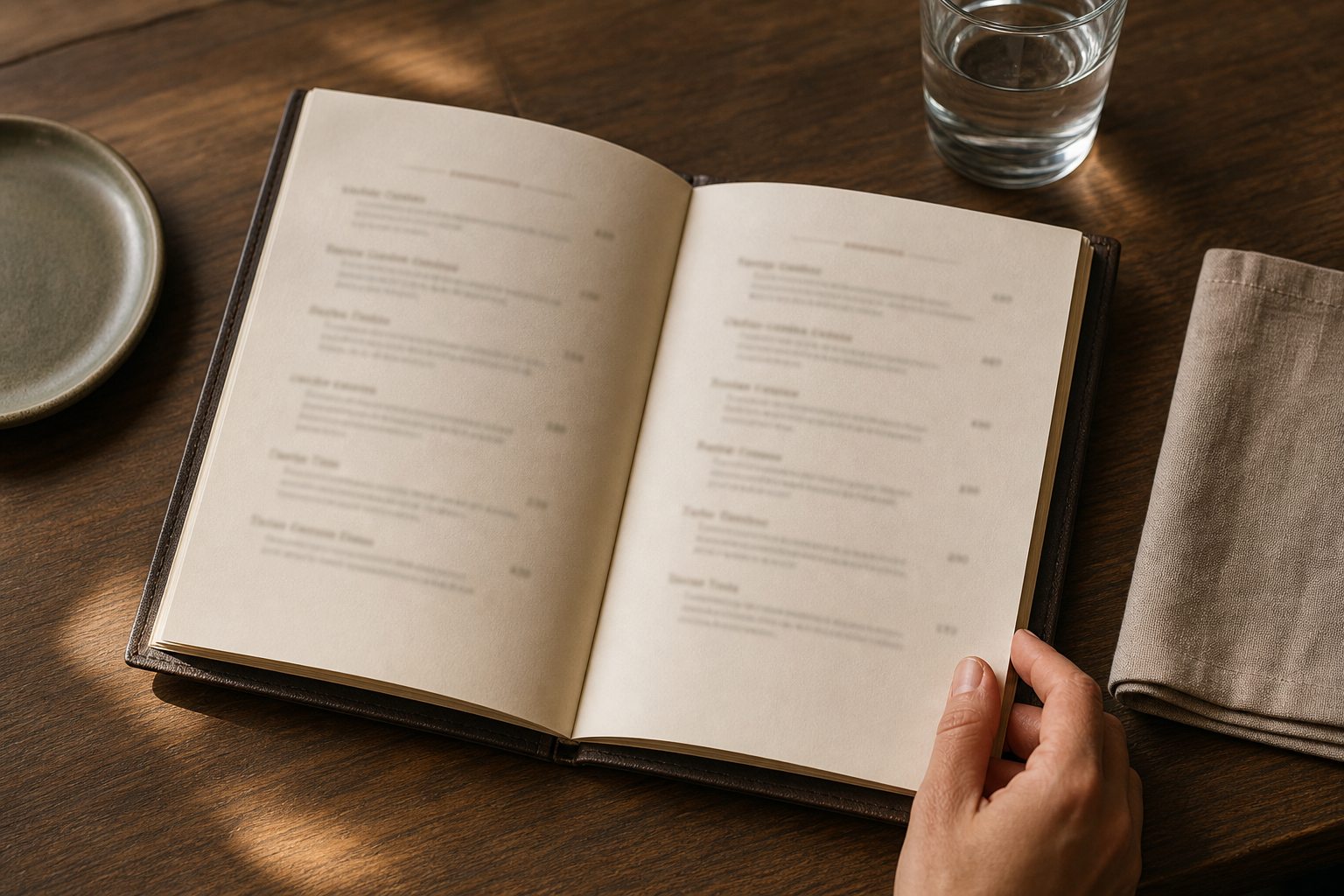 An open cream-paper restaurant menu on a dark wooden table, held at one corner by a diner.