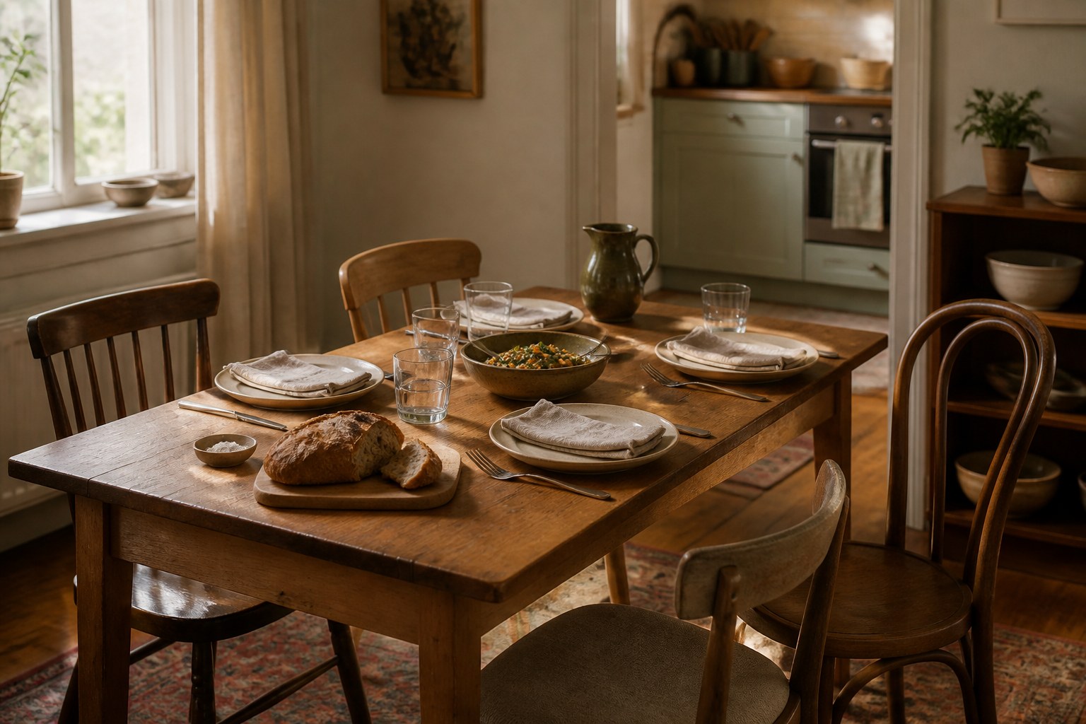 An inviting wooden dining table set with four places, bread and a shared dish in a warm home.