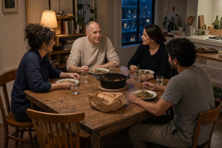 Four adults share a simple home meal while the seated host listens beside a cooking pot on a trivet and bread in a paper bag.
