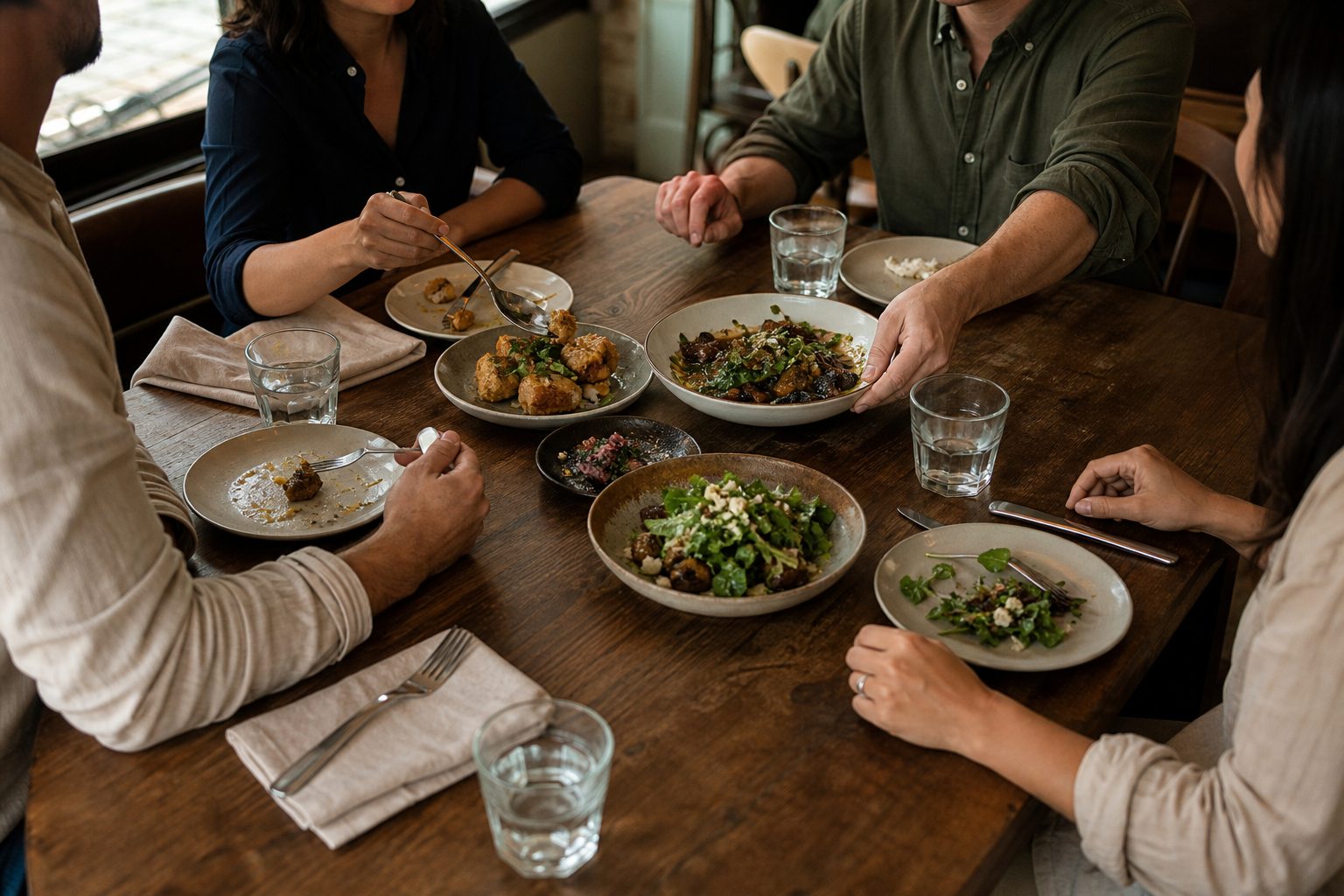 Four diners reach toward several shared dishes while different portions sit on their individual plates.