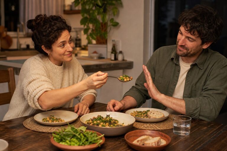 A dinner guest gently declines another spoonful of food at a home table.