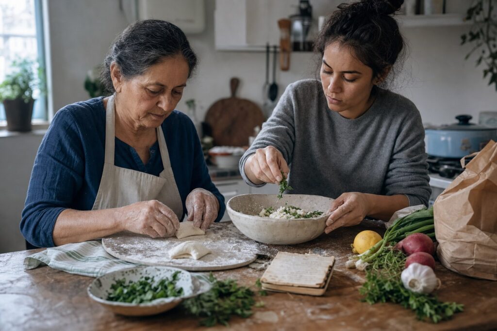 An older and younger woman prepare a family dish together at a kitchen table.