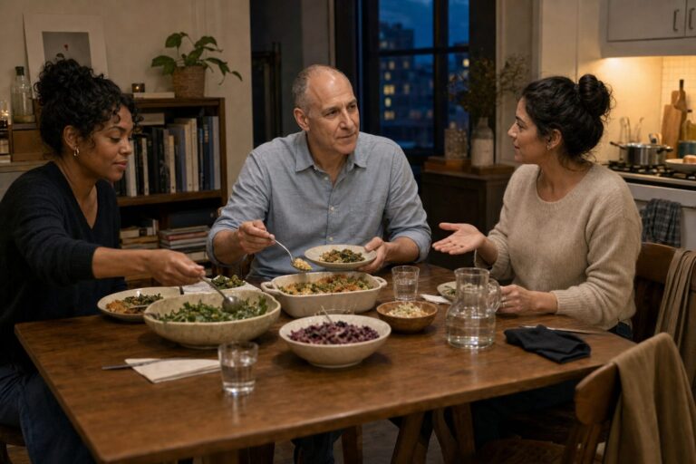 A first-time guest pauses with a serving spoon while the host gestures towards shared dishes and another guest helps herself.