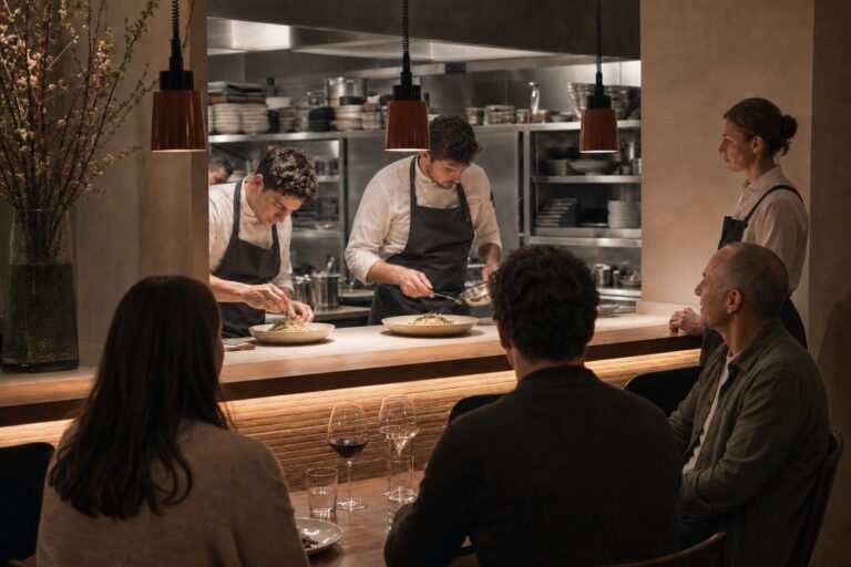 Two chefs plate dishes in an open restaurant kitchen while seated diners watch from the counter.