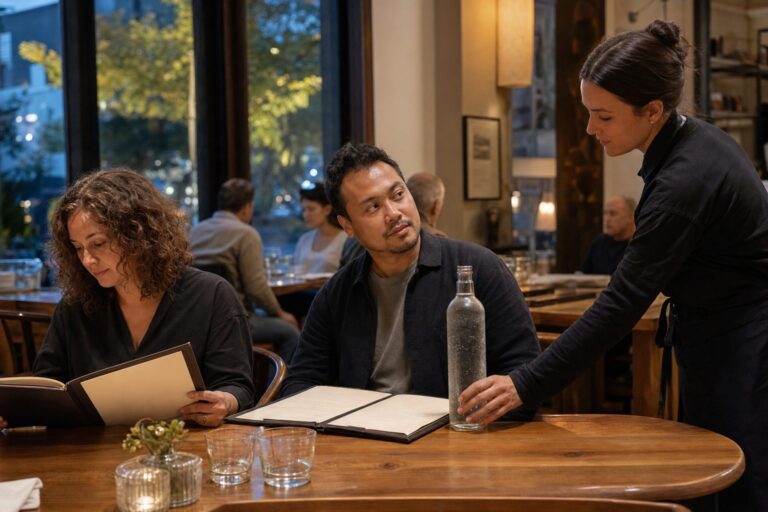 A server discreetly presents sparkling water to a returning restaurant guest while both diners keep their menus open.