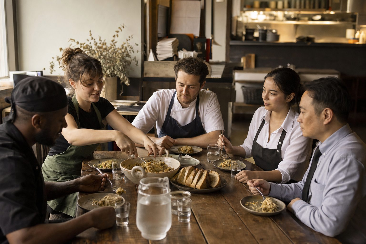 Five restaurant workers share a simple meal around a wooden table before service.