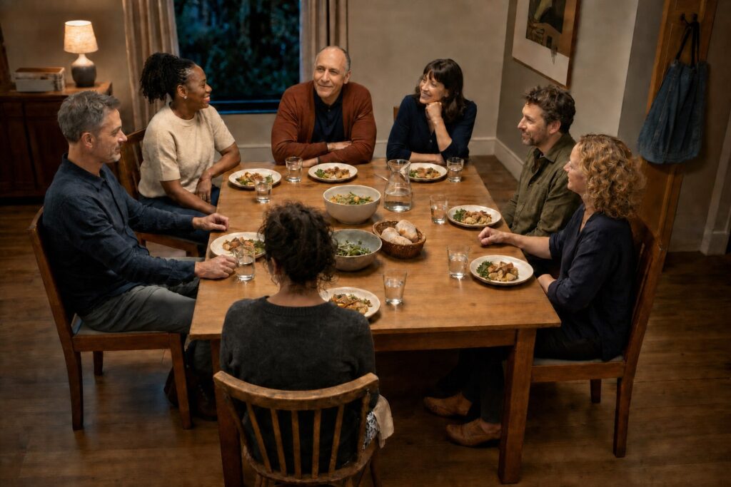 Seven adults share food and conversation around a wooden dining table in a warmly lit home.