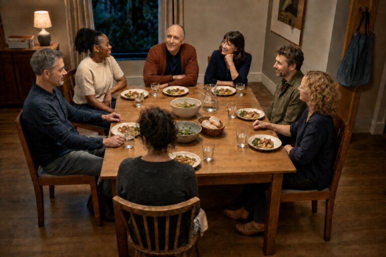 Seven adults share food and conversation around a wooden dining table in a warmly lit home.