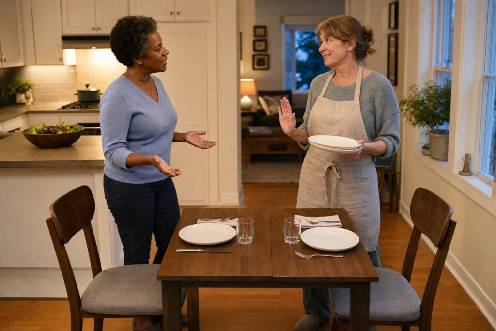A home dinner guest offers to help while the host gently declines beside the kitchen counter
