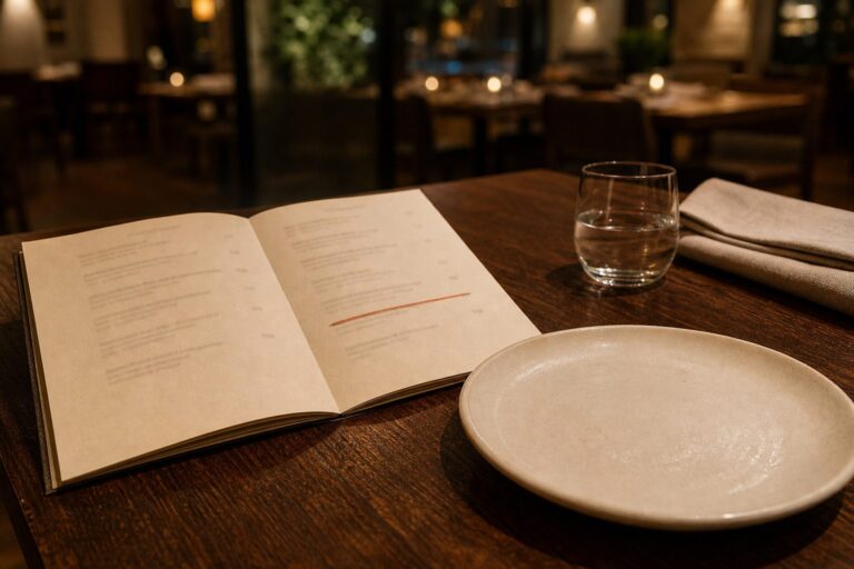 An open restaurant menu with one unavailable item marked beside an empty plate.