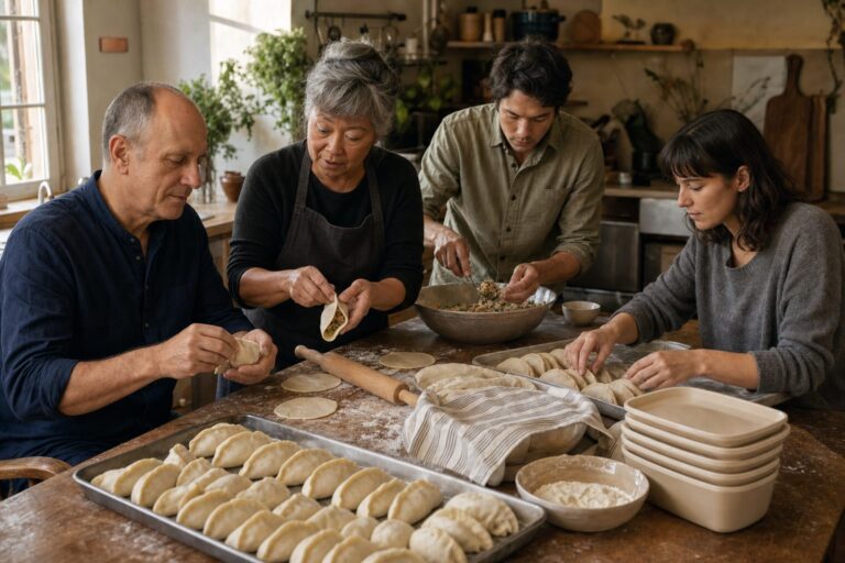 Four adults of different ages shape filled pastries together around a kitchen table while an older cook demonstrates the process.